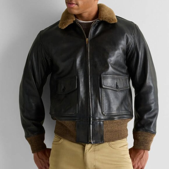 NWT Quince Shearling Collar Leather Flight Jacket Mens L Rich Brown - Picture 1 of 16